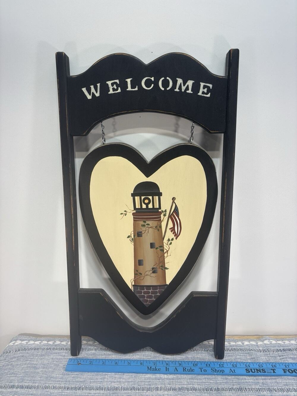 Primitive Wood Welcome Sign Lighthouse Heart Hanging Plaque Americana Coastal